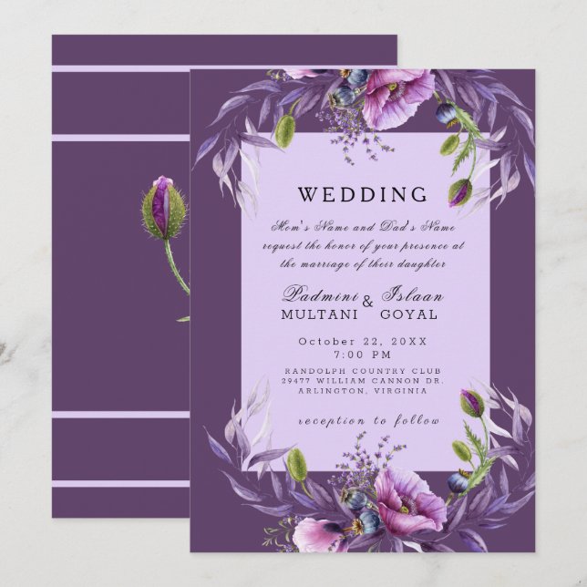 Deep Purple Floral Indian Style Wedding Invitation (Front/Back)
