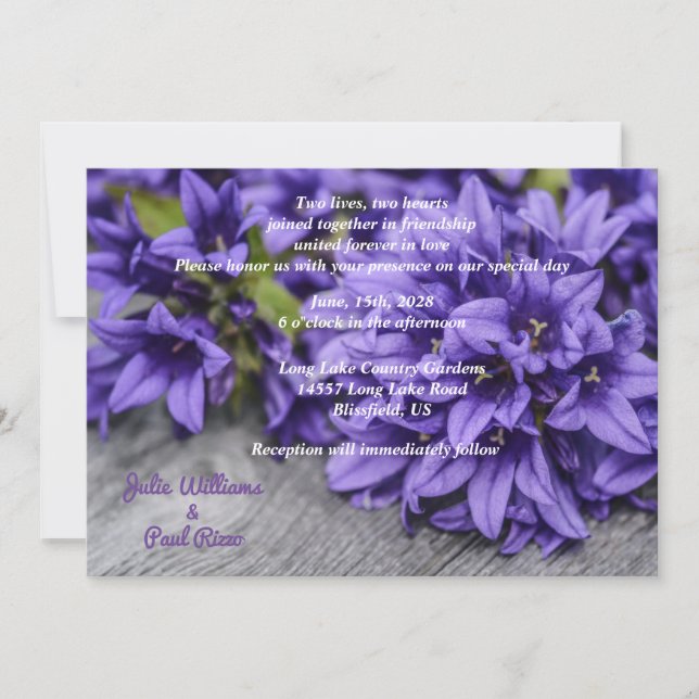 Deep Purple Flowers on Grey Wood Country Wedding Invitation (Front)