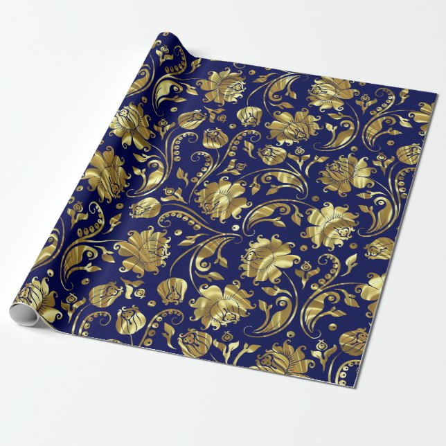 Deep Purple & Gold Floral Damasks Pattern Wrapping Paper (Unrolled)