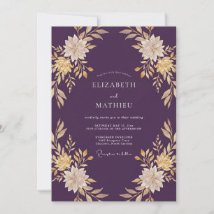 Deep Purple Gold Leaf Wedding Invitation
