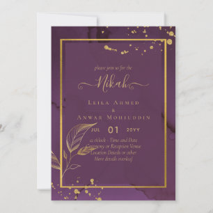 DEEP PURPLE GOLD LEAVES Wedding Invite