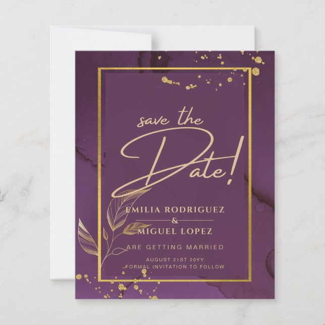 DEEP PURPLE GOLD LEAVES Wedding Invite (Front)