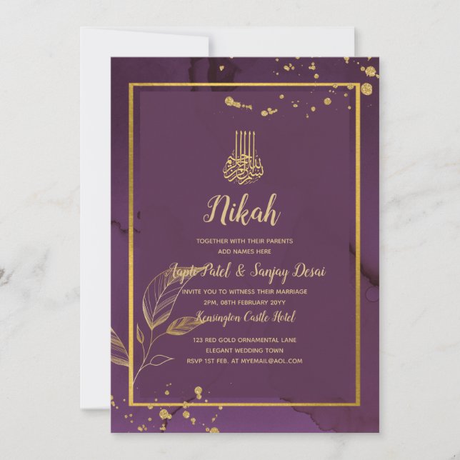 DEEP PURPLE GOLD LEAVES Wedding Invite (Front)