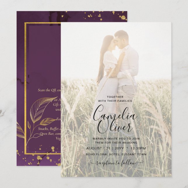 DEEP PURPLE GOLD LEAVES Wedding Invite (Front/Back)