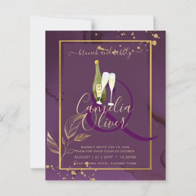 DEEP PURPLE GOLD LEAVES Wedding Invite (Front)