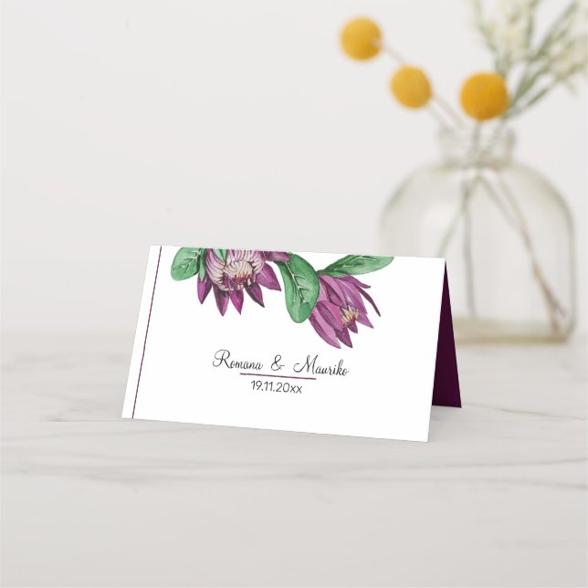 Deep Purple King Protea Watercolor Art Place Card (Front)
