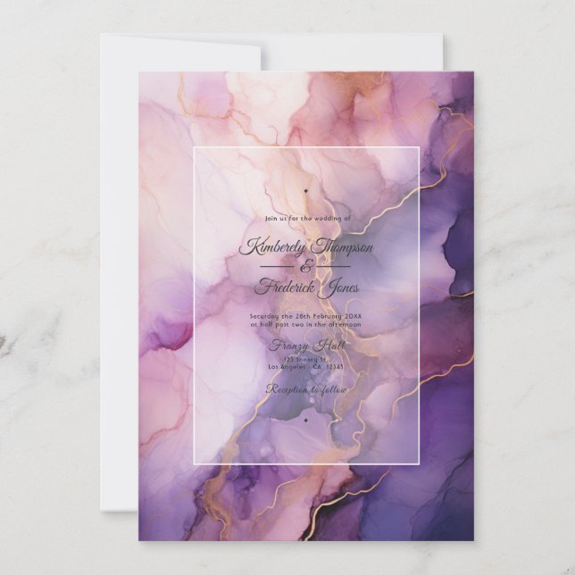 Deep Purple, Lavender and Rose Gold Ink Wedding Invitation (Front)