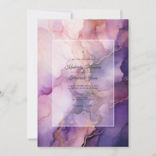 Deep Purple, Lavender and Rose Gold Ink Wedding Invitation