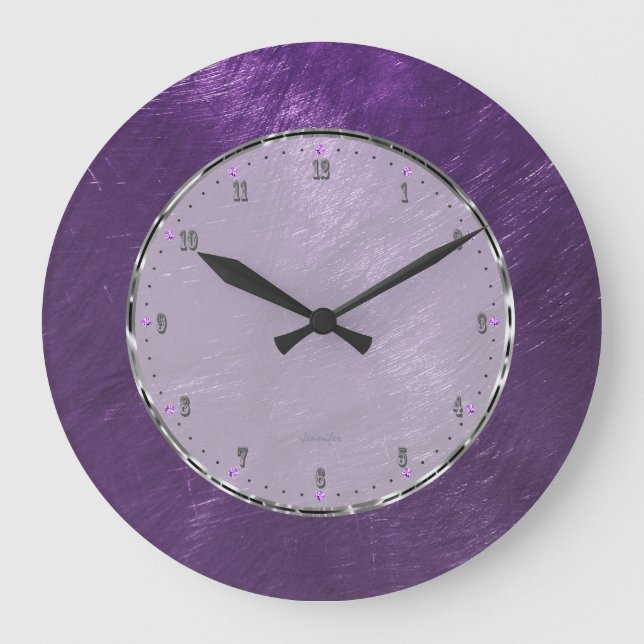 Deep Purple Metallic Design Brushed Steel Look 2a Large Clock (Front)