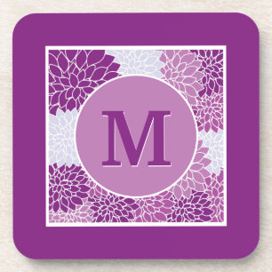 Deep Purple Monogrammed Dahlia Floral Coaster
