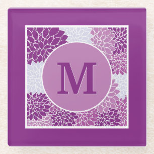 Deep Purple Monogrammed Dahlia Floral Glass Coaster