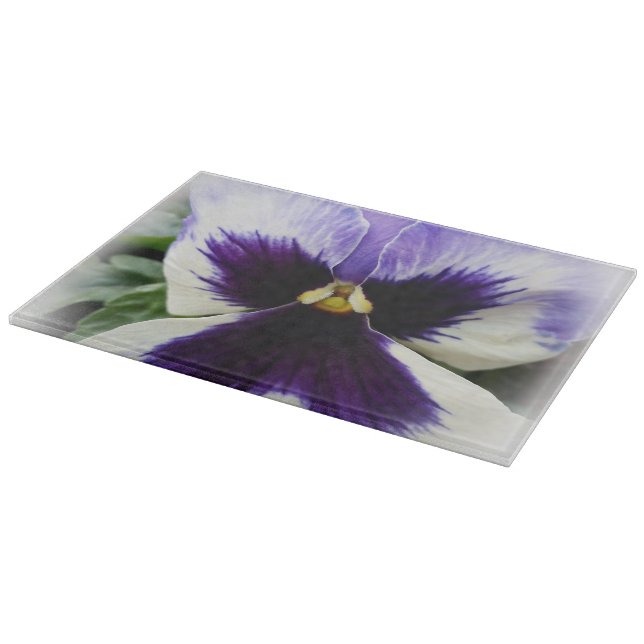 deep purple on white pansy cutting board (Corner)