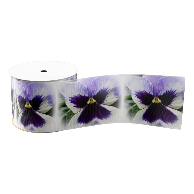 deep purple on white pansy grosgrain ribbon (Spool)