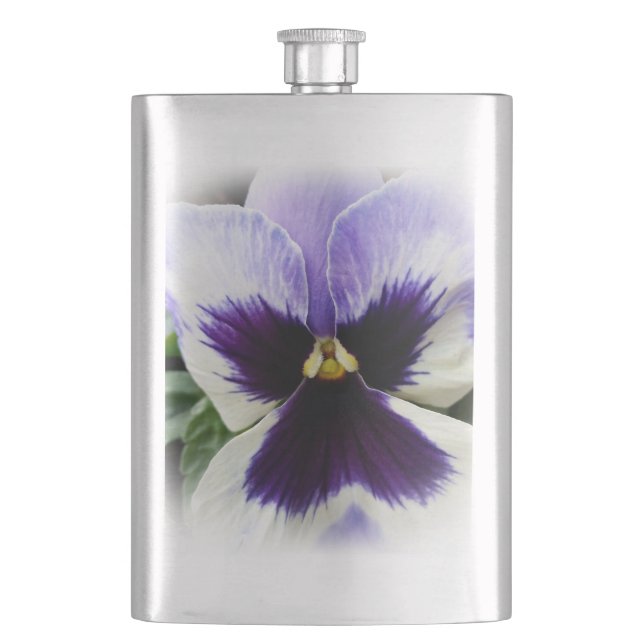 deep purple on white pansy hip flask (Front)