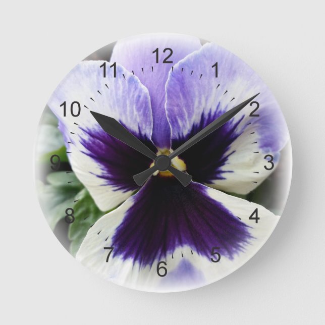 deep purple on white pansy round clock (Front)