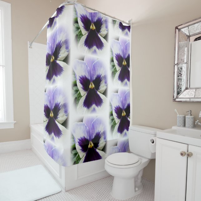 deep purple on white pansy shower curtain (In Situ)