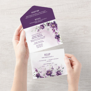 Deep Purple Peonies All in One Wedding Invite