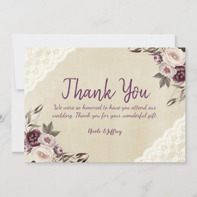Deep Purple Peonies Floral Wedding Thank You Card (Front)