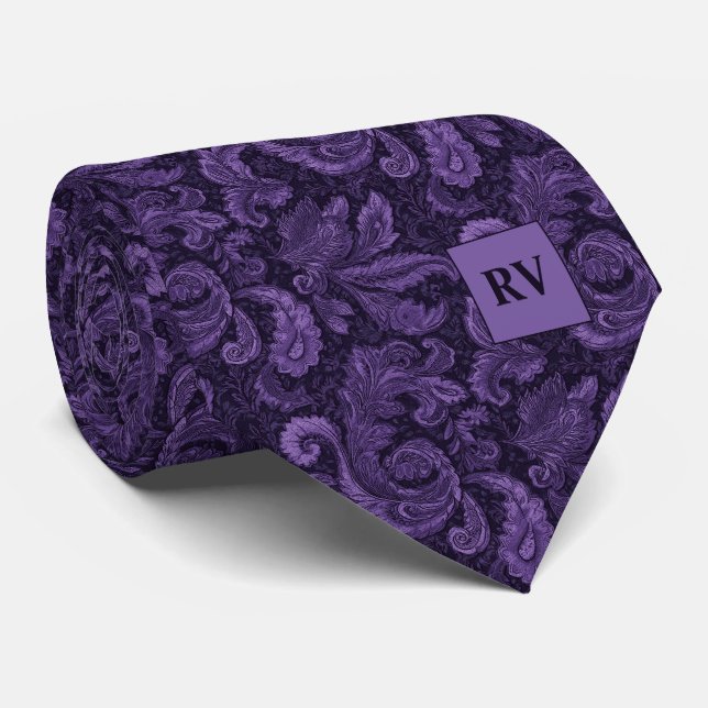 Deep Purple Plum Ornate Scrollwork Tie (Rolled)