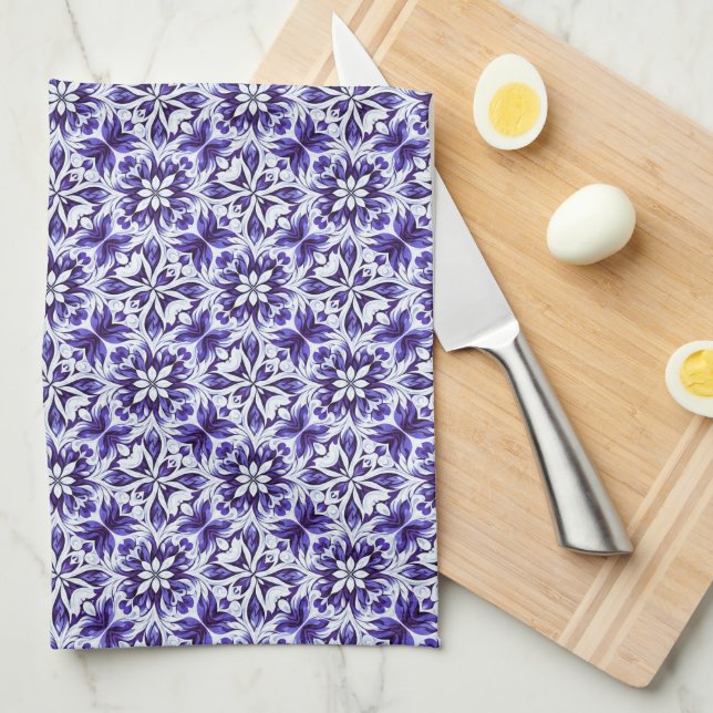 Deep Purple, Purple, Periwinkle & White Damask  Tea Towel (Quarter Fold)