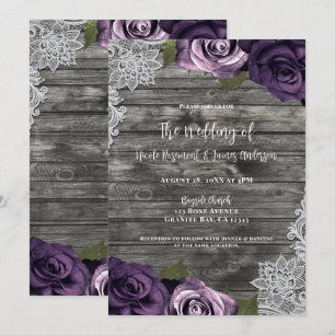 Deep Purple Roses Grey Rustic White Lace Wedding Invitation