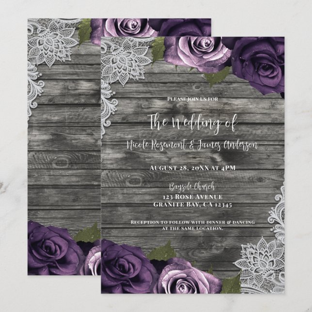Deep Purple Roses Grey Rustic White Lace Wedding Invitation (Front/Back)