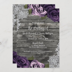 Deep Purple Roses Grey Rustic White Lace Wedding Invitation