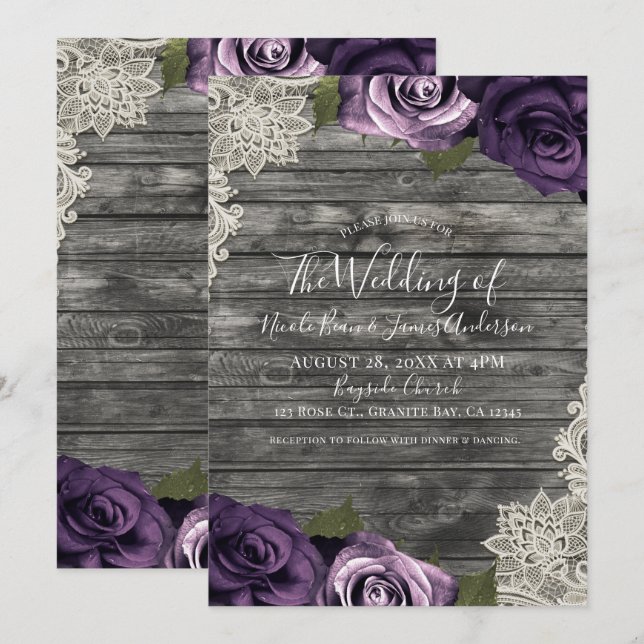Deep Purple Roses Grey Rustic Wood Lace Wedding Invitation (Front/Back)