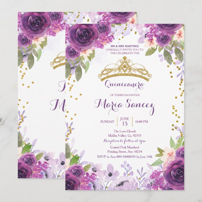 Deep Purple Roses Mis Quince Invitation (Front/Back)