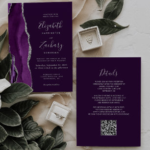 Deep Purple Silver Agate QR Code Wedding Invitation