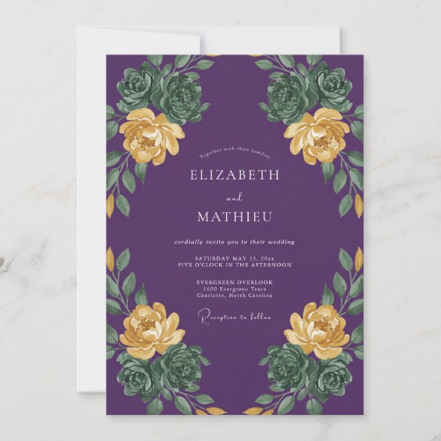 Deep Purple Succulent Eucalyptus Wedding Invitation (Front)