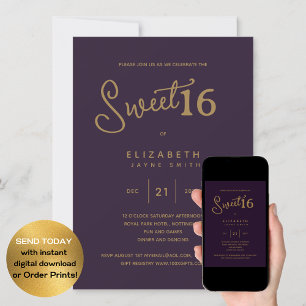 Deep Purple SWEET 16 Modern Elegant Gold Birthday Invitation