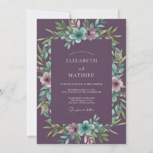 Deep Purple Teal Floral Wedding Invitation