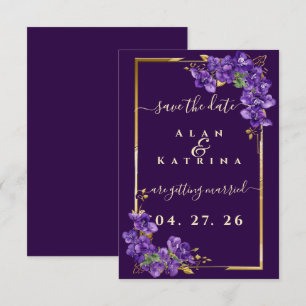 Deep Purple Violet Floral Gold Frame Elegant  Save The Date