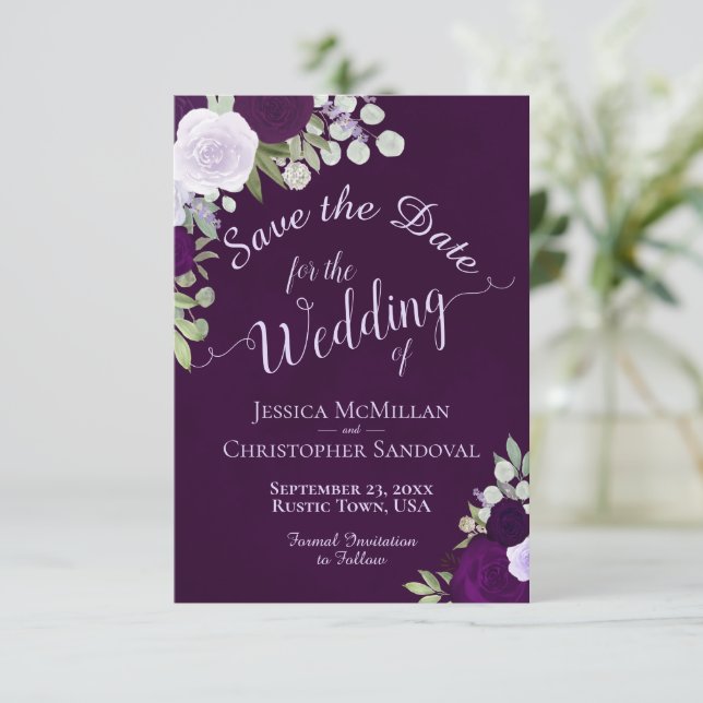 Deep Purple Watercolor Boho Roses Wedding Save The Date (Standing Front)