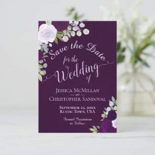Deep Purple Watercolor Boho Roses Wedding Save The Date