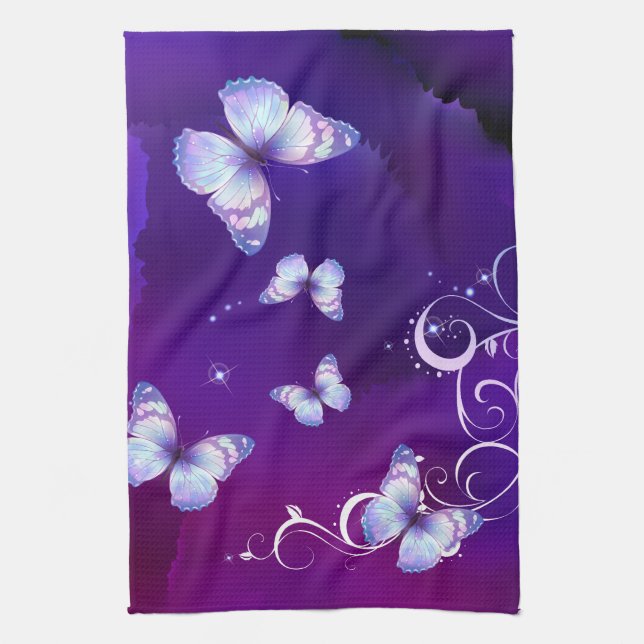 Deep Purple Watercolor Butterfly  American MoJo Ki Tea Towel (Vertical)