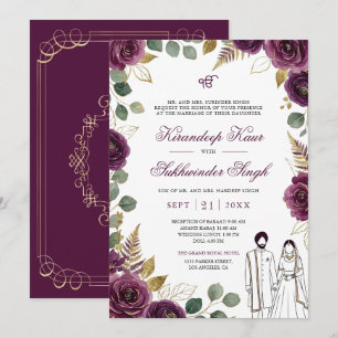Deep Purple Watercolor Roses Floral Sikh Wedding Invitation