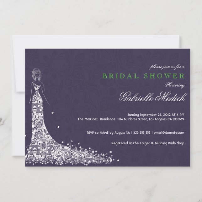 Deep Purple & White Wedding Dress & Vintage Lace Invitation (Front)