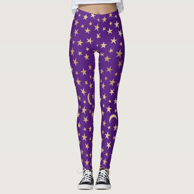 Deep Purple With Gold Foil Stars and Moons Leggings (Front)
