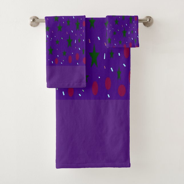Deep purple with red and white patterns globes bath towel set (Insitu)