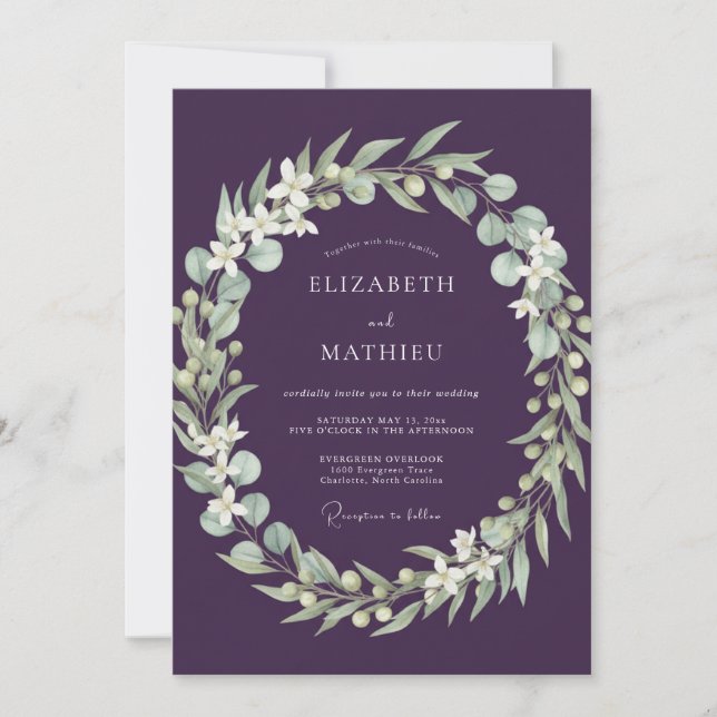 Deep Purple Wreath Wedding Invitation (Front)