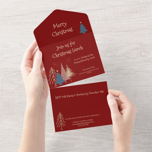 Deep Red 4 Green Pink Gold Christmas Trees Party  All In One Invitation (Tearaway)