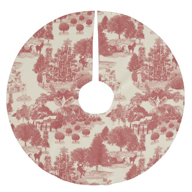 Deep Red and Cream Christmas Winter Wonderland Brushed Polyester Tree Skirt (Front)