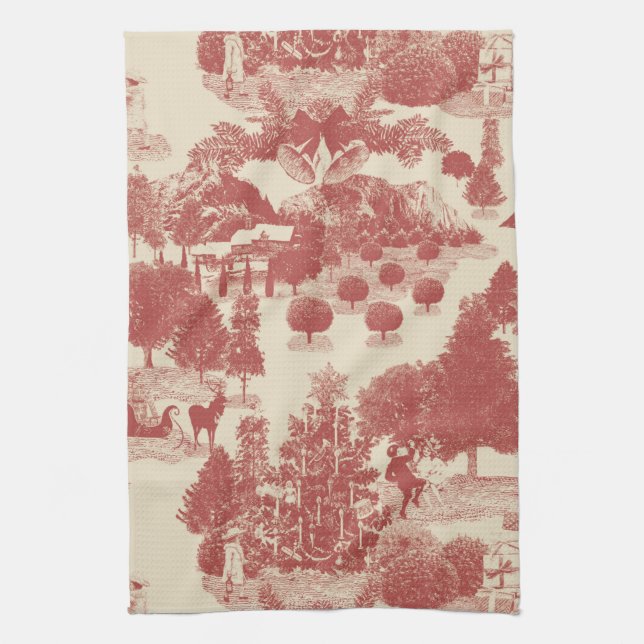 Deep Red and Cream Christmas Winter Wonderland Tea Towel (Vertical)