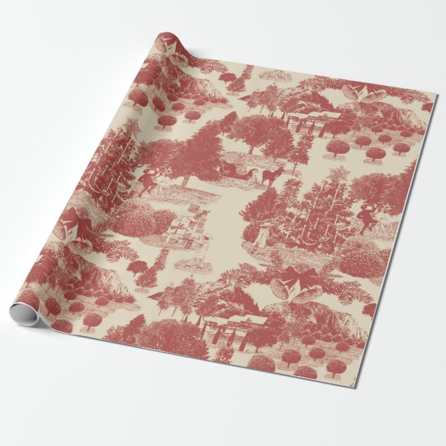 Deep Red and Cream Christmas Winter Wonderland Wrapping Paper (Unrolled)