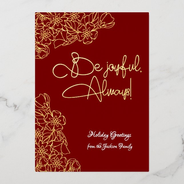 Deep Red and Gold Floral Joyful Photo Christmas Foil Holiday Card (Front)