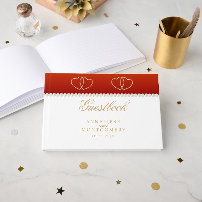 Deep Red and Gold Hearts Guest Book (Front Open)