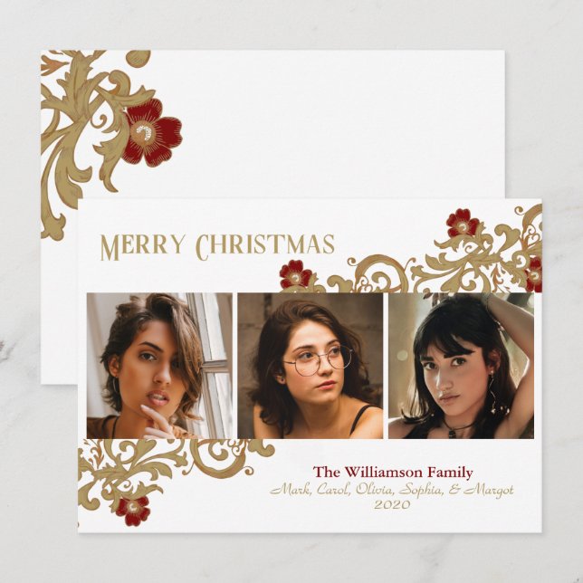 Deep Red and Gold Swirls Merry Christmas  Photo Holiday Card (Front/Back)