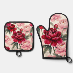 Deep Red and Pink Peony Floral Watercolor Pattern Oven Mitt & Pot Holder Set